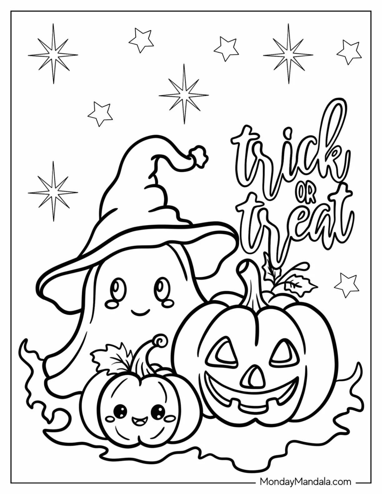 Ghost In Witch Hat With Jack O Lanterns Trick Or Treat Coloring Page coloring page