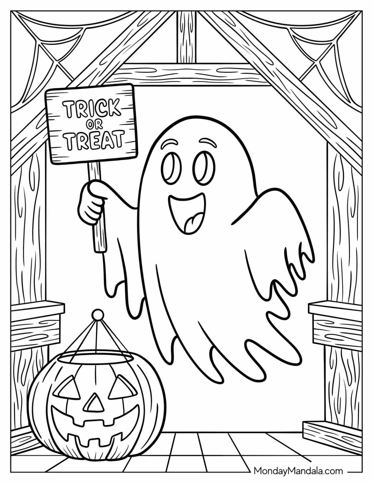Halloween Ghost With Trick-Or-Treat Coloring Page of Sign and Carved Pumpkin Lantern For Kids coloring page