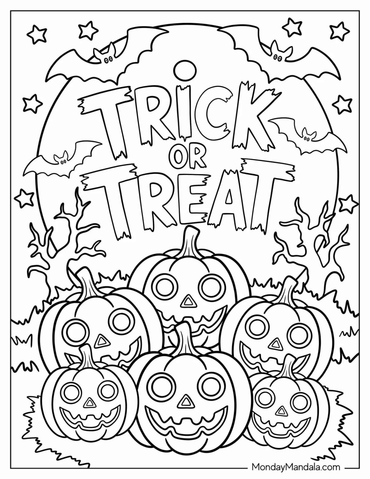 Halloween Pumpkins With Bats, Stars, and Trick-Or-Treat Coloring Page of Message coloring page