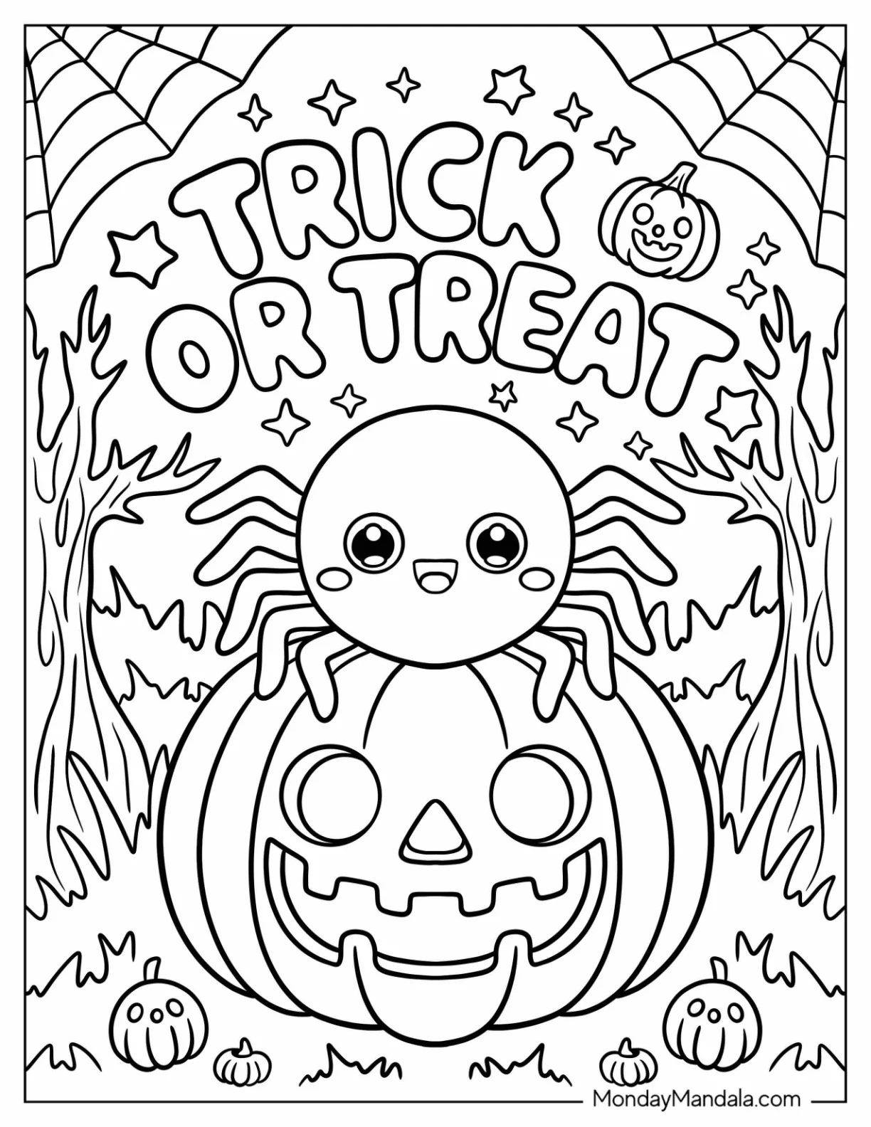 Halloween Spider on Pumpkin With Trick-Or-Treat Coloring Page of Sign For Kids coloring page