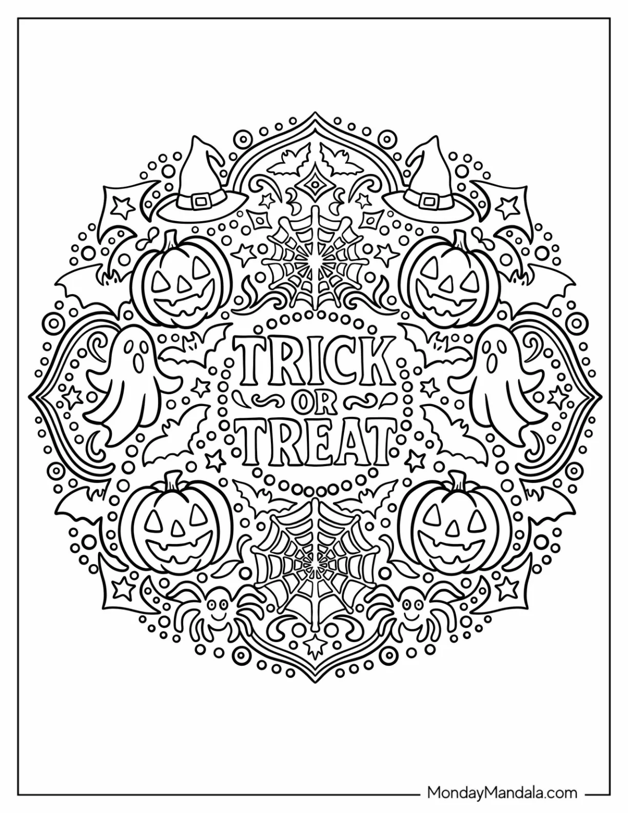 Intricate Trick-Or-Treat Coloring Page of Mandala With Spooky Halloween Elements For Adults coloring page