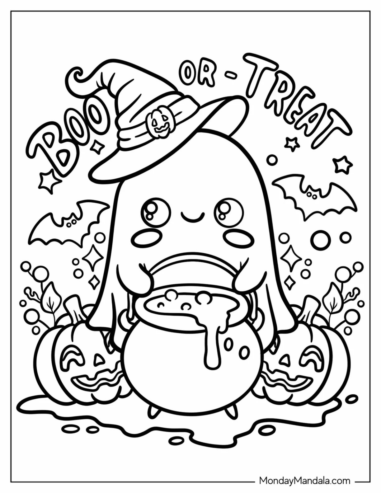 Kawaii Chibi Ghost Trick Or Treat Coloring Page For Kids coloring page