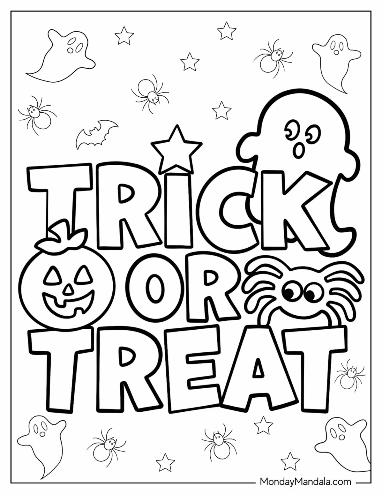 Kawaii Trick Or Treat Coloring Page Words With Ghost, Pumpkin, And Spider For Kids coloring page