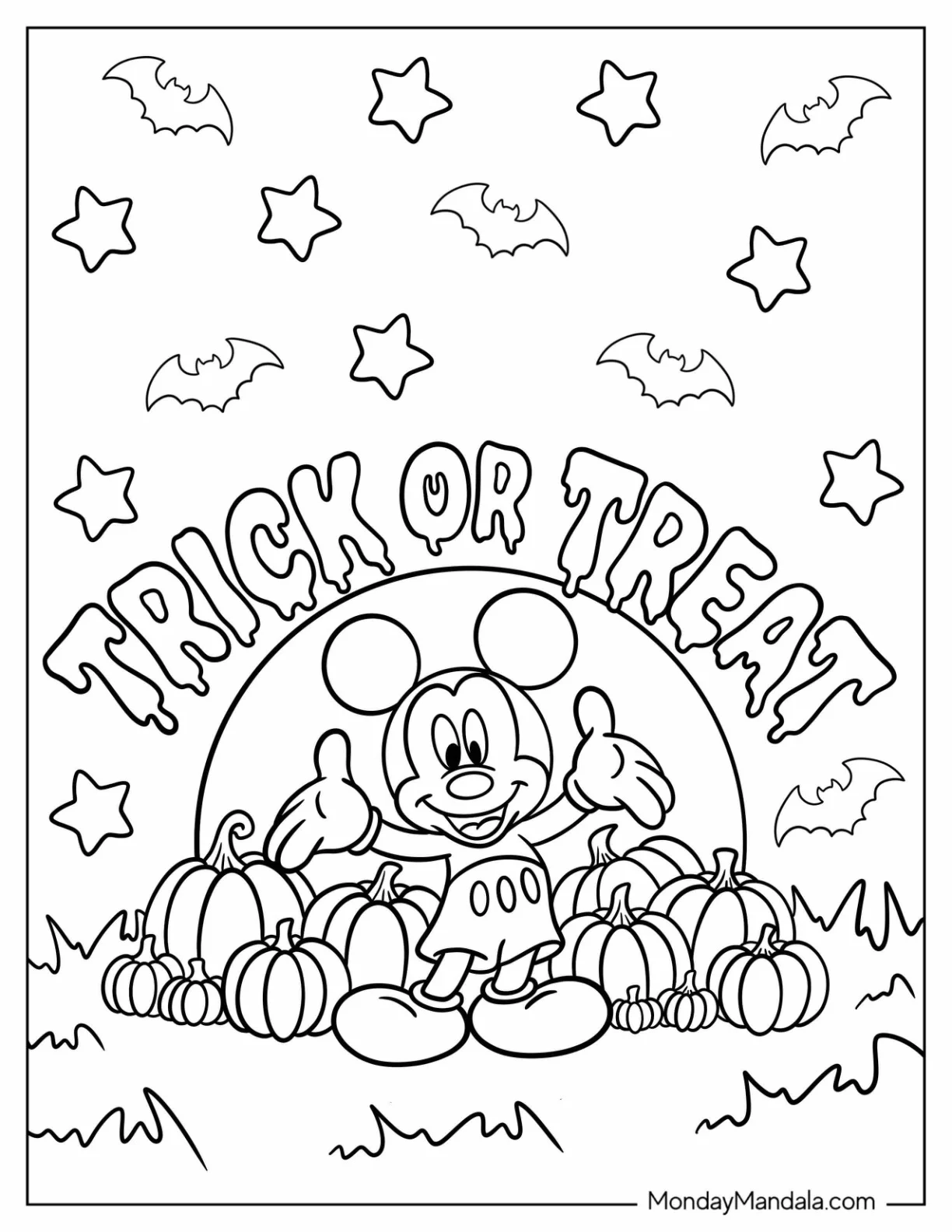 Mickey Mouse Surrounded By Pumpkins and Trick-Or-Treat Coloring Page of Words coloring page
