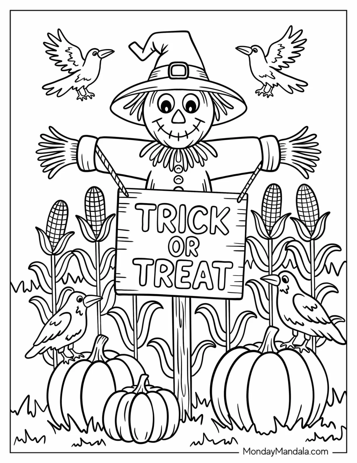 Scarecrow Holding Trick-Or-Treat Coloring Page of Sign With Pumpkins and Cornstalks coloring page