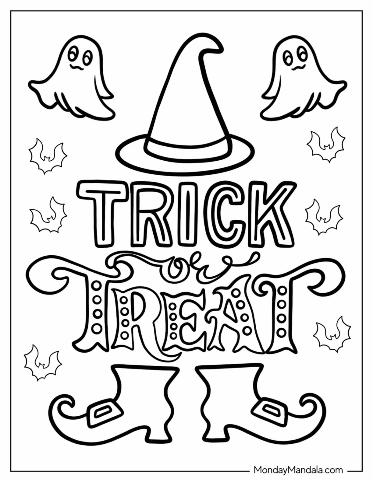 Simple Trick Or Treat Coloring Page Greeting With Cute Ghosts And Bats coloring page