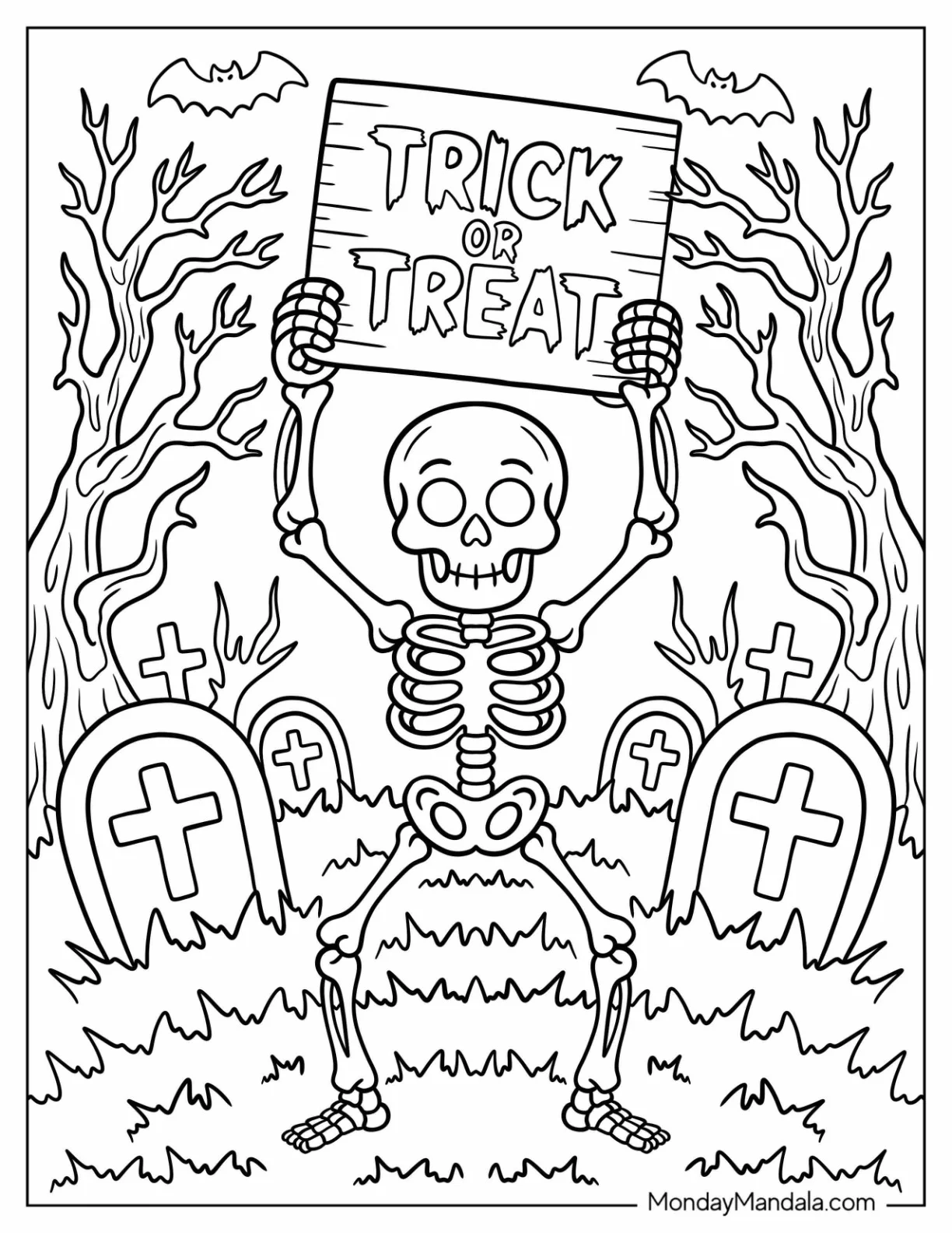 Skeleton Holding Trick-Or-Treat Coloring Page of Sign in Haunted Graveyard coloring page