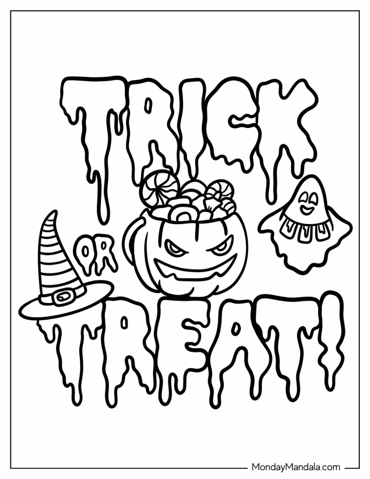 Slimy Trick Or Treat Coloring Page Greeting With Jack O Lantern And Ghost coloring page