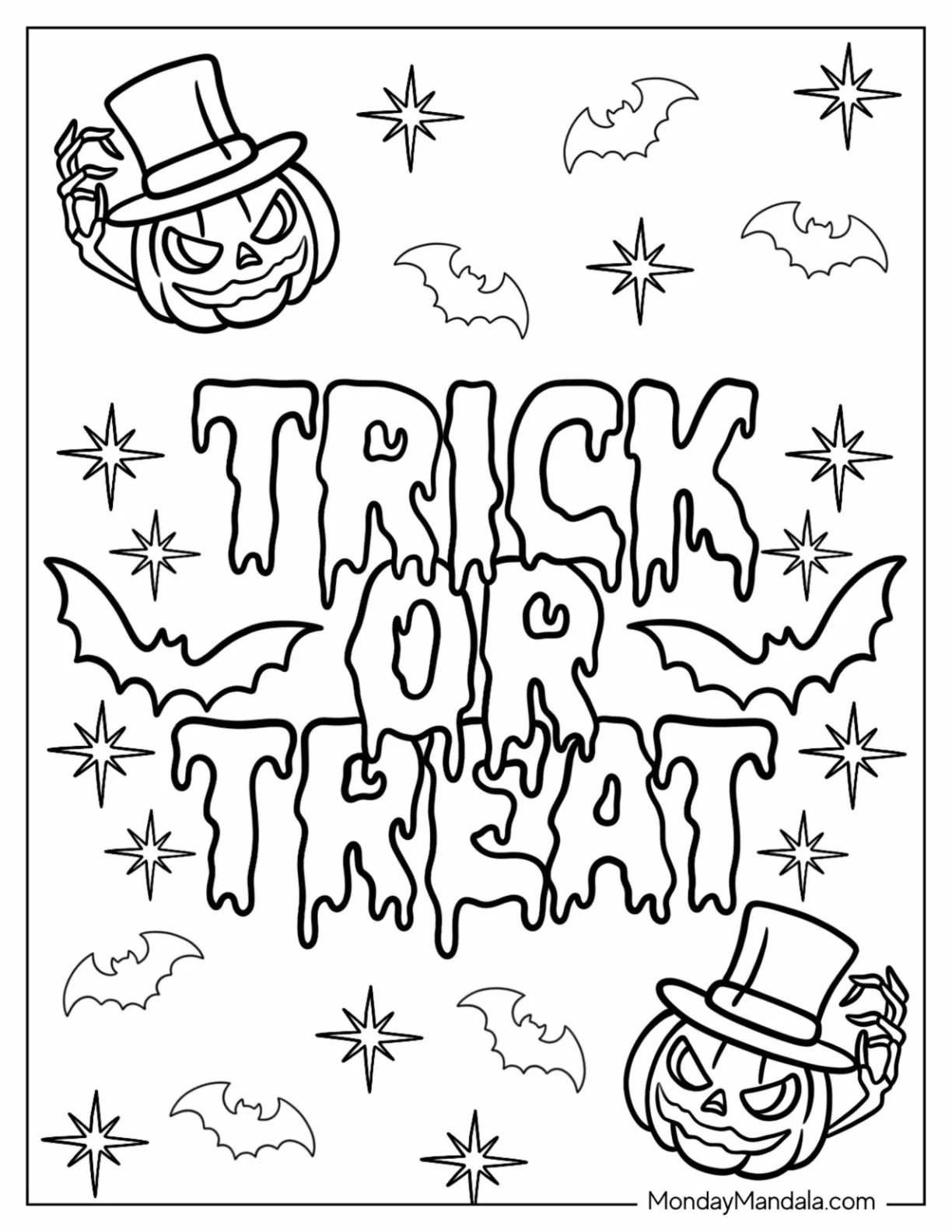 Slimy Trick Or Treat Coloring Page Words With Bats And Pumpkins coloring page