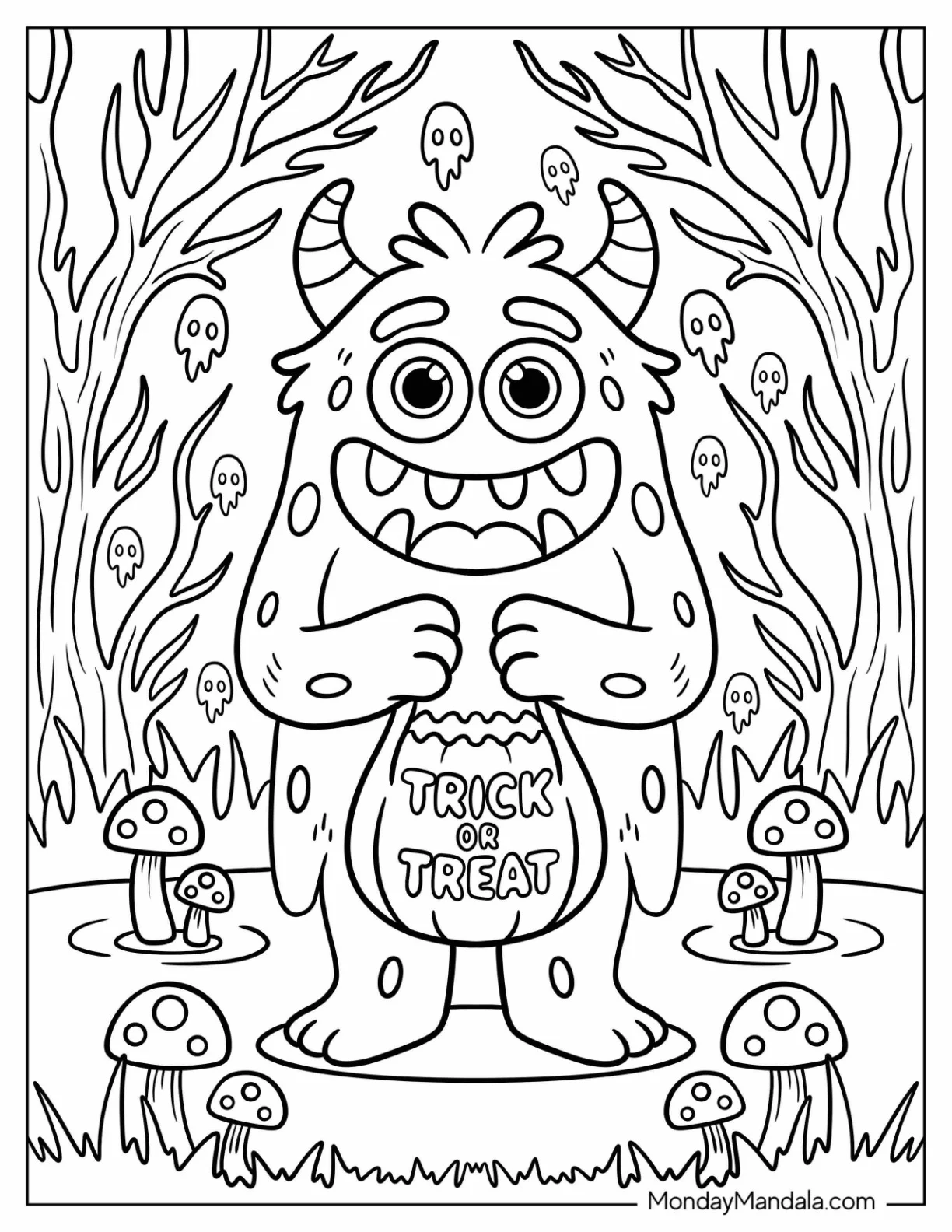 Smiling Horned Monster Holding Trick-Or-Treat Coloring Page of Bag in Spooky Forest  For Kids coloring page