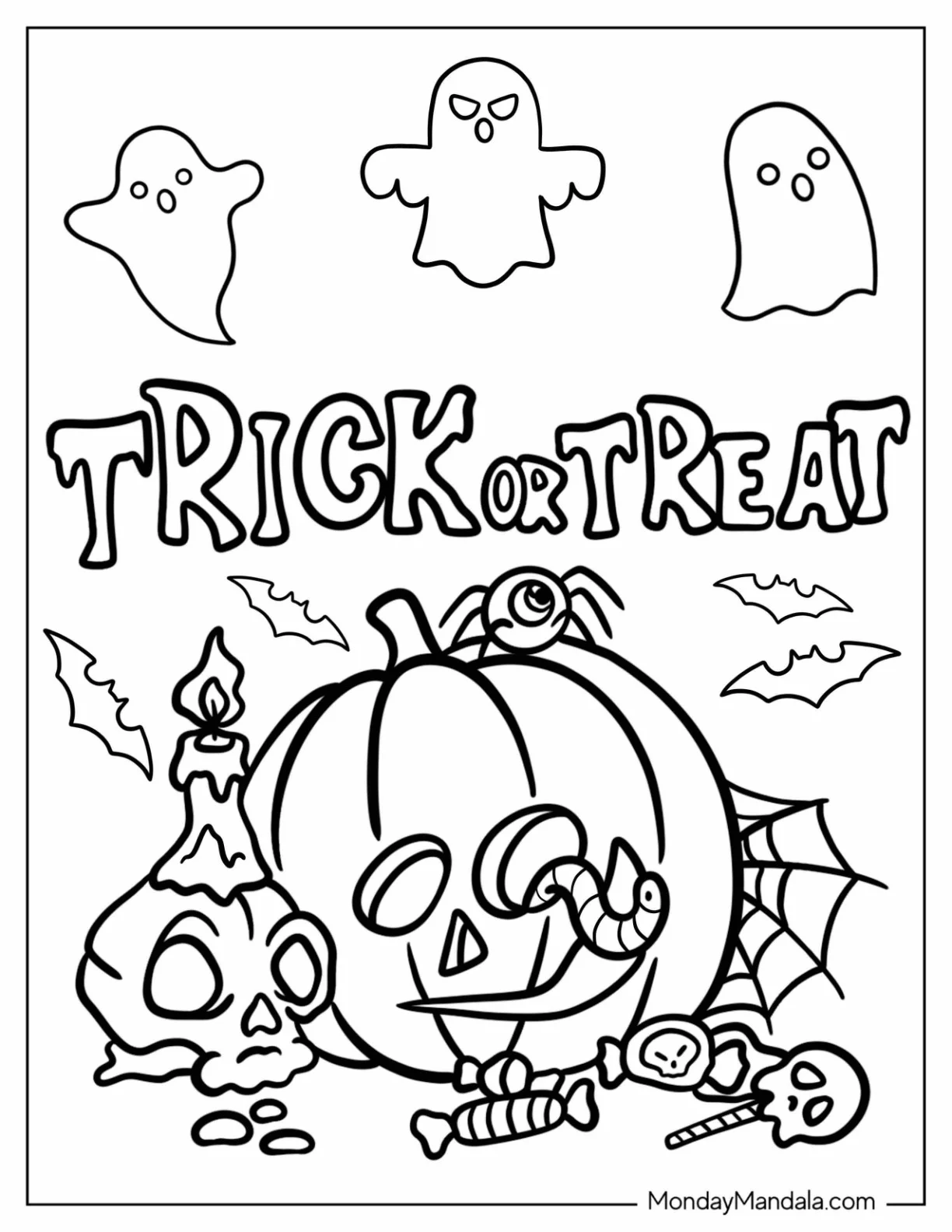 Trick Or Treat Coloring Page Jack O Lantern With Worms, Candle, And Spiders Web coloring page