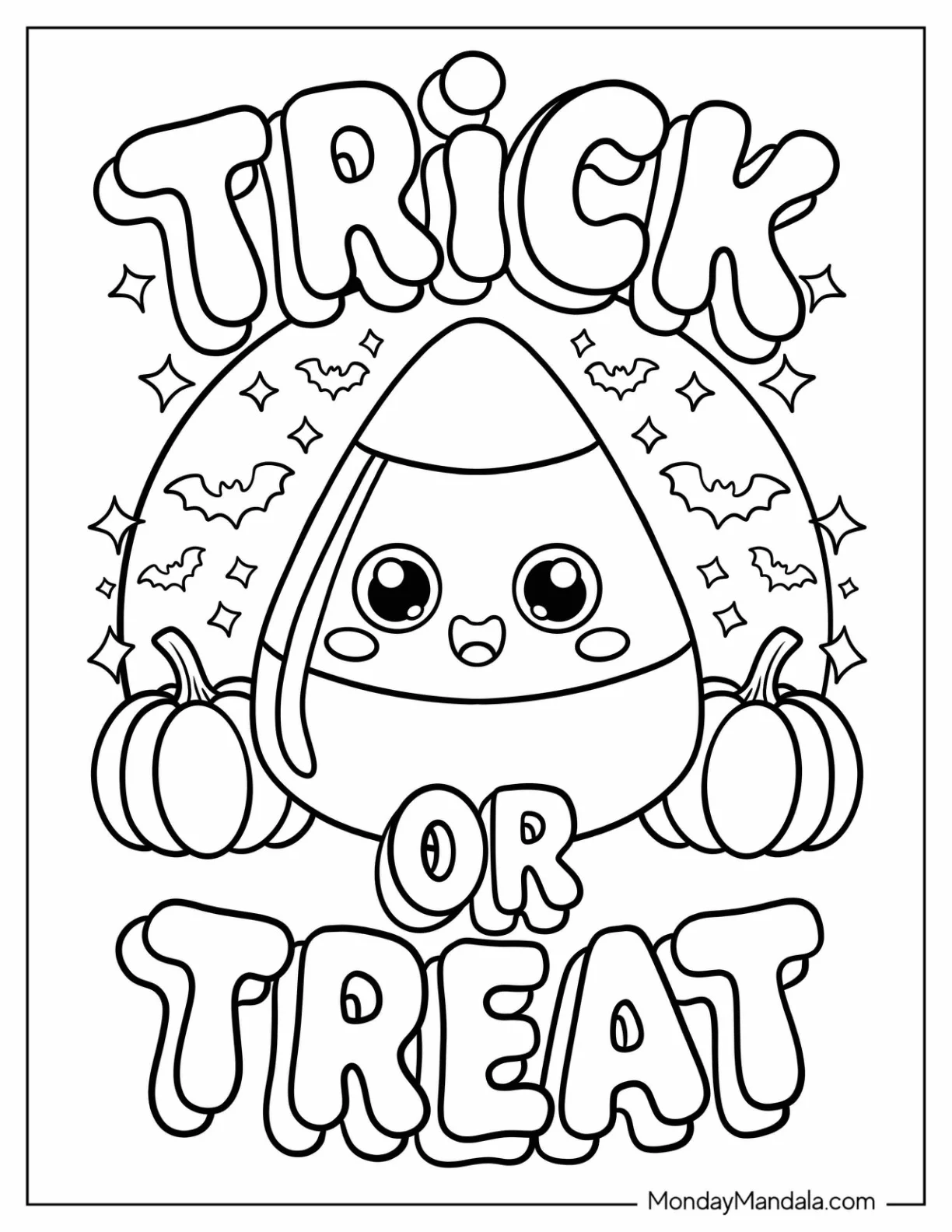 Trick-Or-Treat Coloring Page of Candy Corn With Smiling Face, Pumpkins, and Bats For Preschoolers coloring page