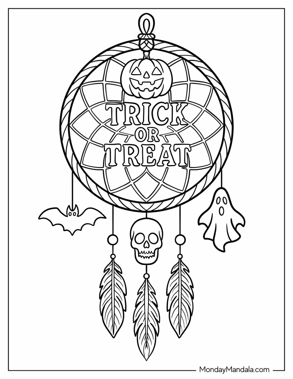 Trick-Or-Treat Coloring Page of Dreamcatcher With Jack o  Lantern, Skull, and Feathers coloring page
