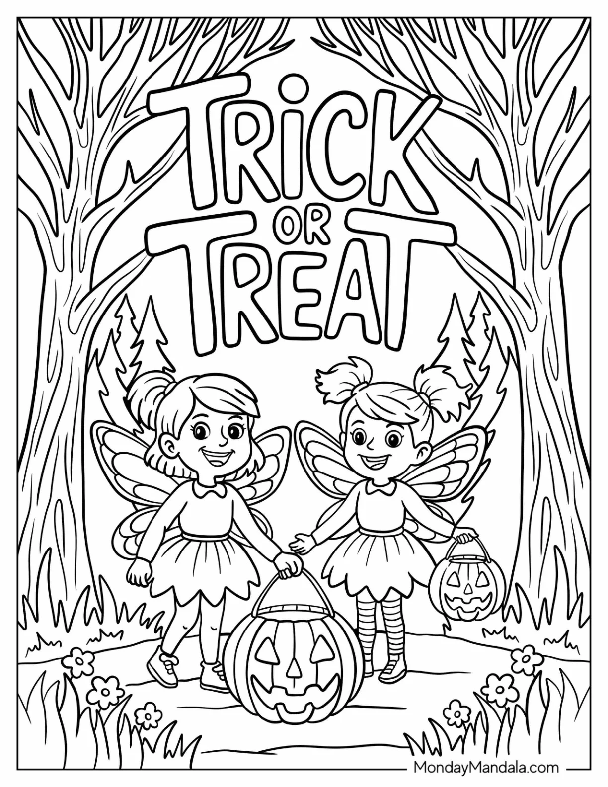 Trick-Or-Treat Coloring Page of Fairies Holding Jack o  Lanterns in Enchanted Forest coloring page