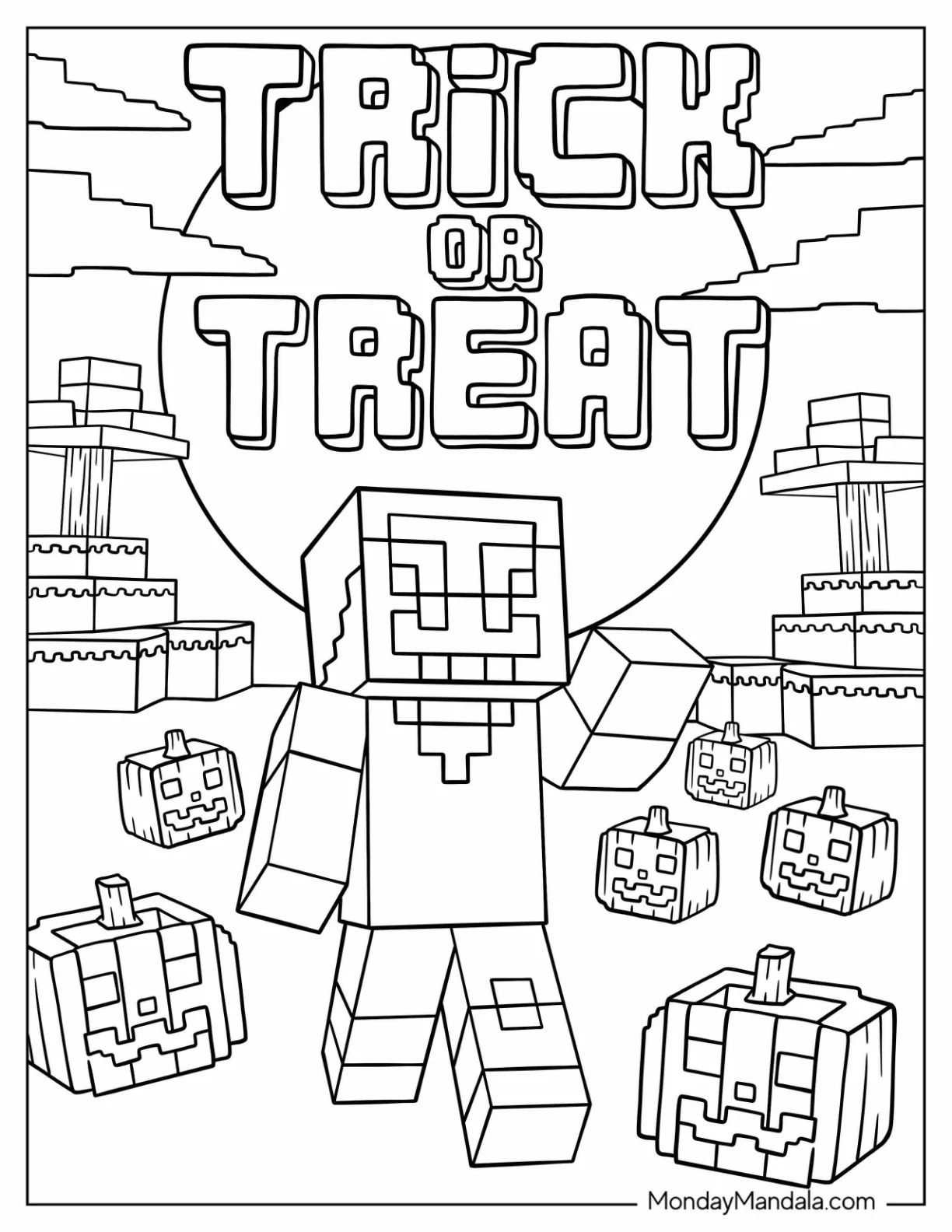 Trick-Or-Treat Coloring Page of Minecraft With Jack o  Lanterns and Full Moon coloring page