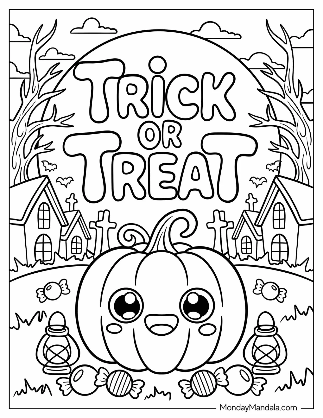 Trick-Or-Treat Coloring Page of Pumpkin in Front of Haunted Houses and Gravestones For Kids coloring page