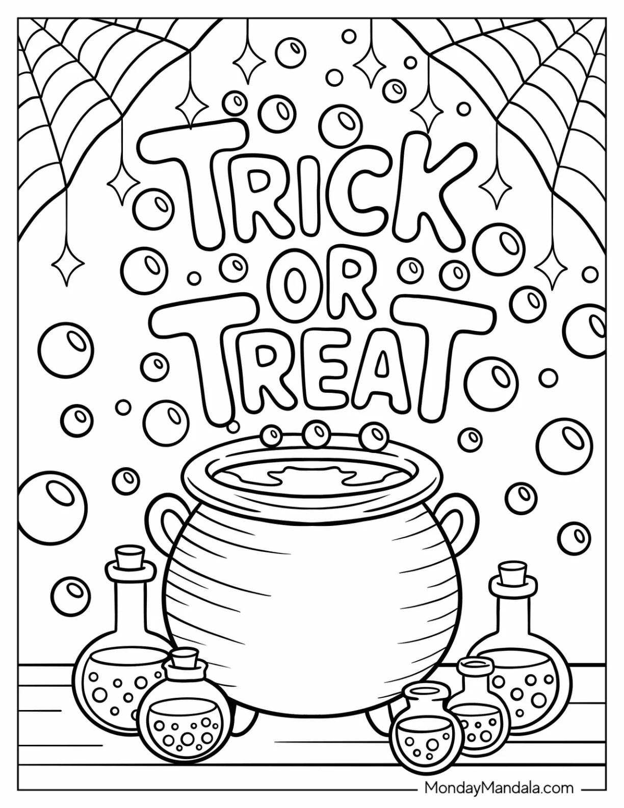 Trick-Or-Treat Coloring Page of Words Above Witch Cauldron and Potions coloring page