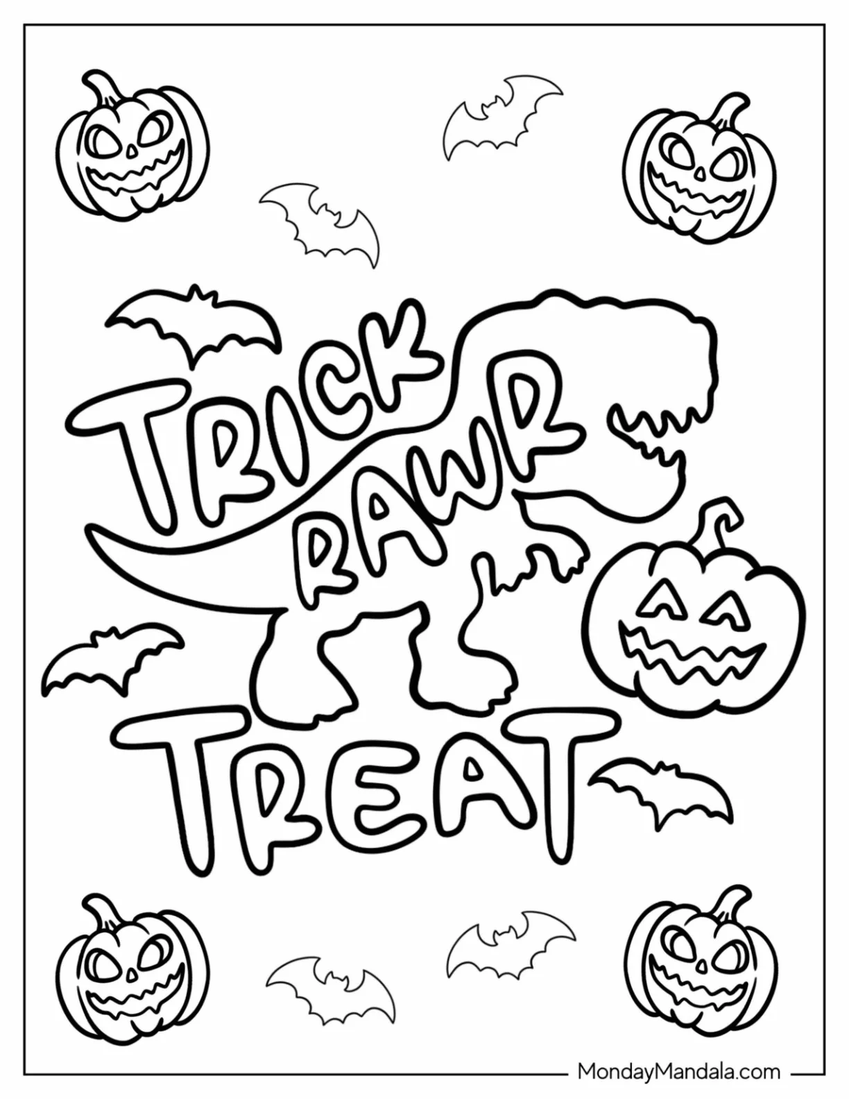 Trick Or Treat Coloring Page Words With Dinosaur And Pumpkins For Kids coloring page