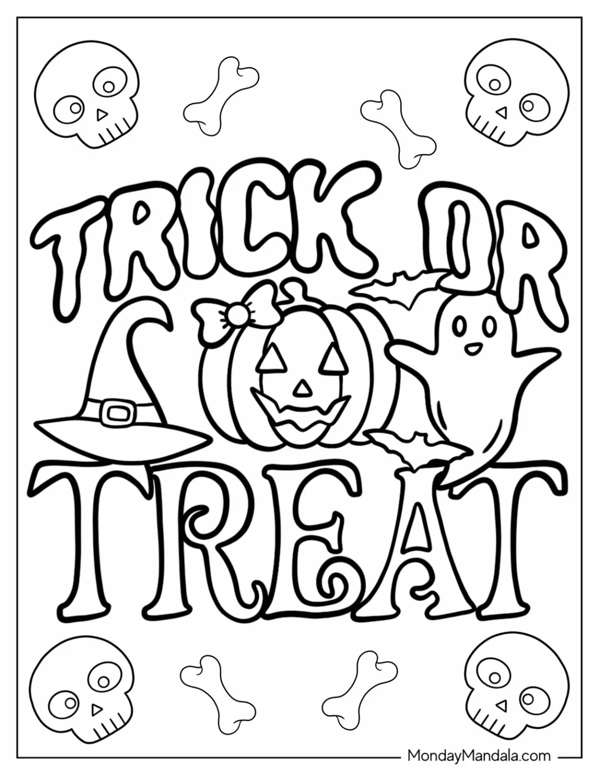 Trick Or Treat Coloring Page Words With Witch s Hat And Ghost coloring page
