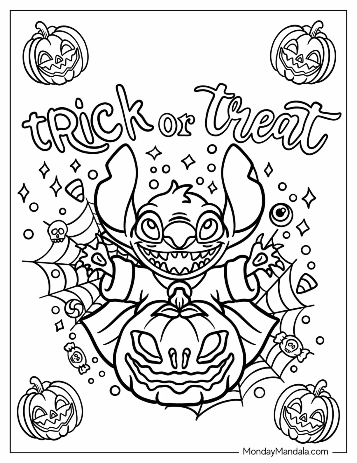 Vampire Stitch In Front Of Jack O Lantern Trick Or Treat Coloring Page coloring page