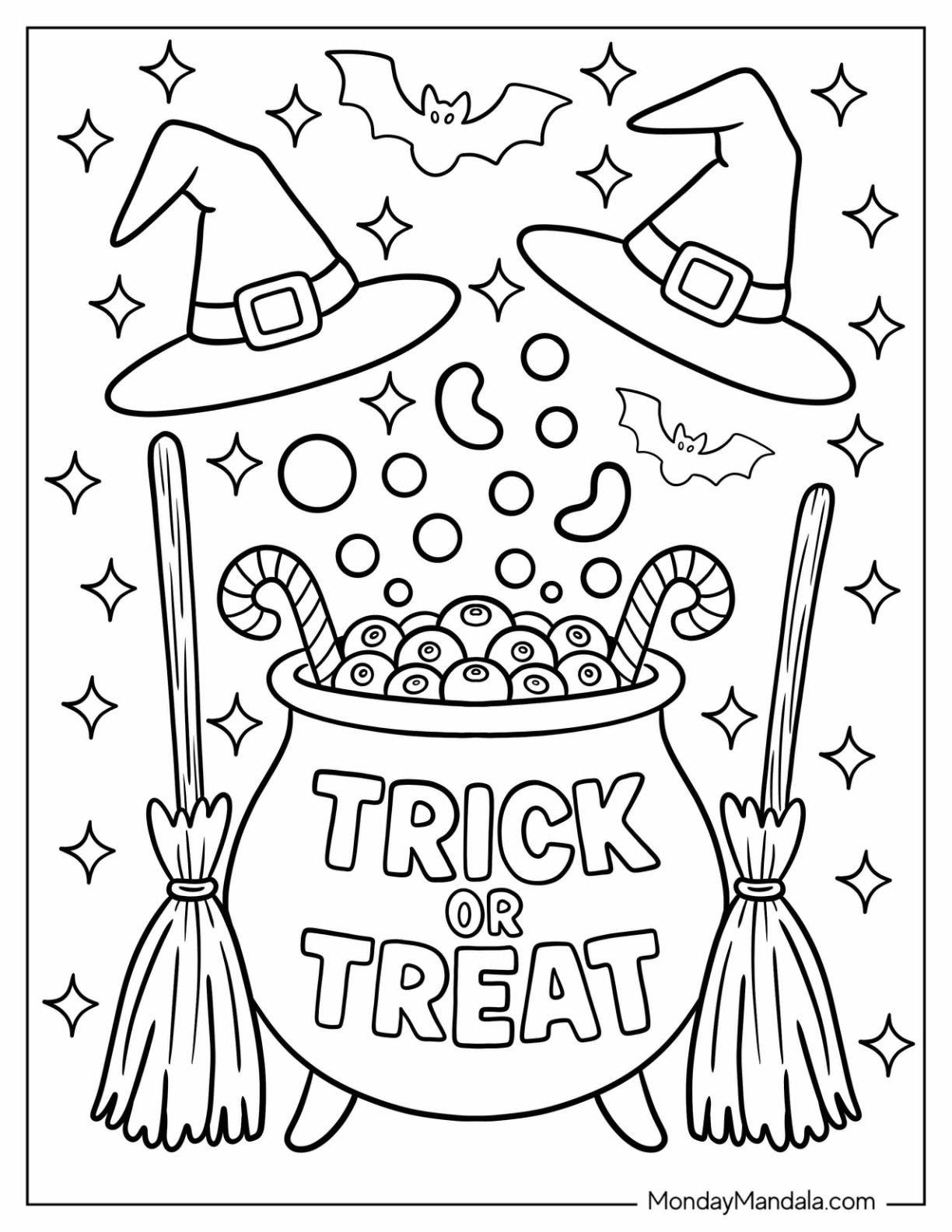 Witch Cauldron With Trick-Or-Treat Coloring Page of Words Surrounded By Bat, Hats, And Brooms coloring page
