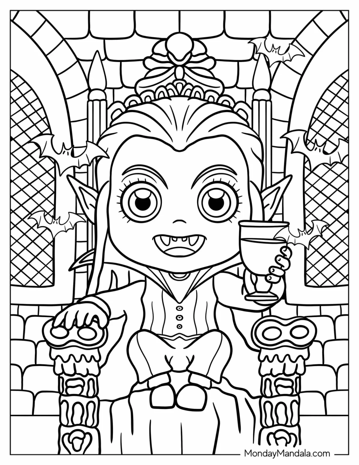 Adorable Vampire Coloring Page on Throne Holding Goblet For Kids coloring page — printable line art