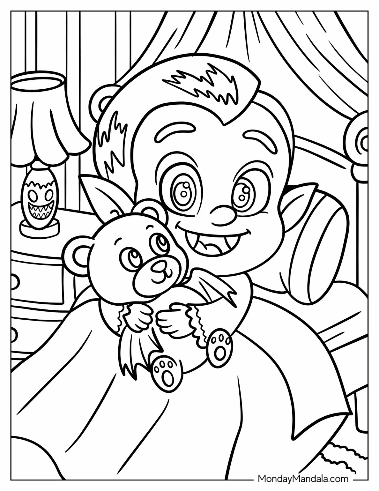 Baby Vampire Coloring Page Hugging A Teddy Bear For Kids coloring page — printable line art