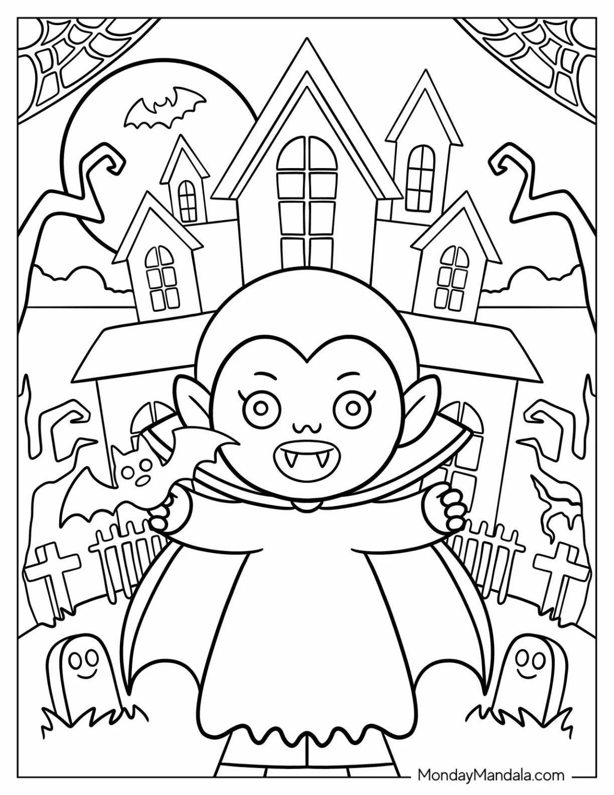 Cartoon Vampire Coloring Page with Bats and Ghosts coloring page — printable line art