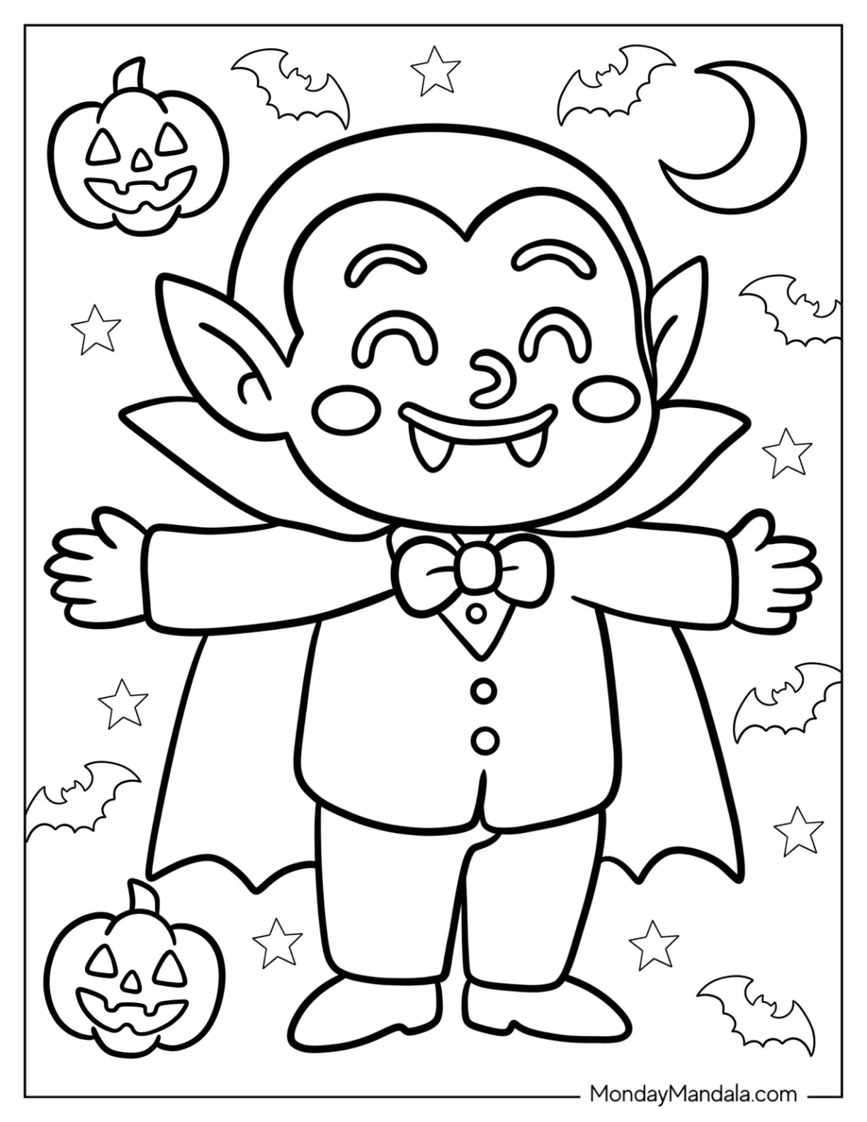 Cheerful Cartoon Vampire Coloring Page With Moon, Bats, And Jack O Lanterns For Preschoolers coloring page