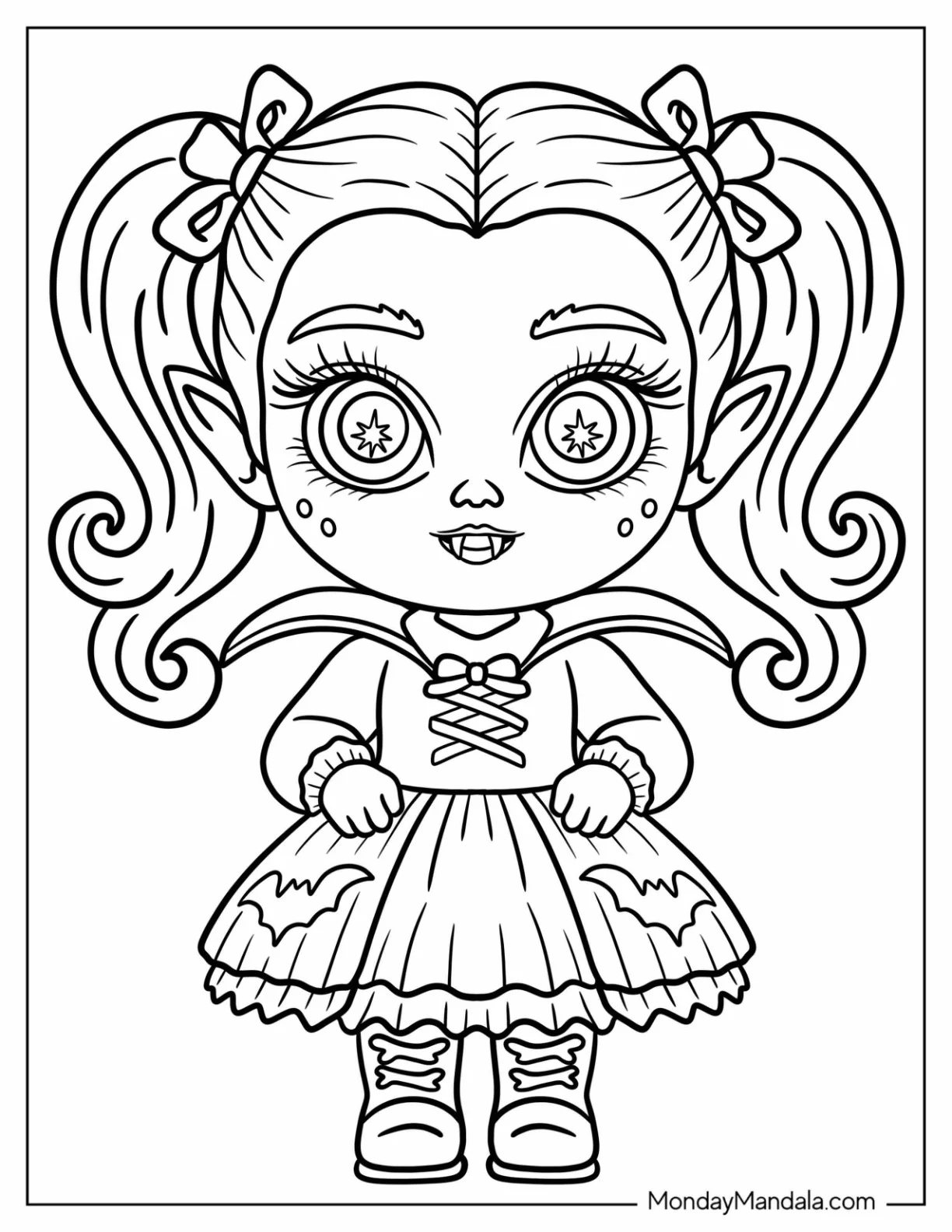 Chibi Vampire Coloring Page Girl In Dress And Pigtails For Kids coloring page