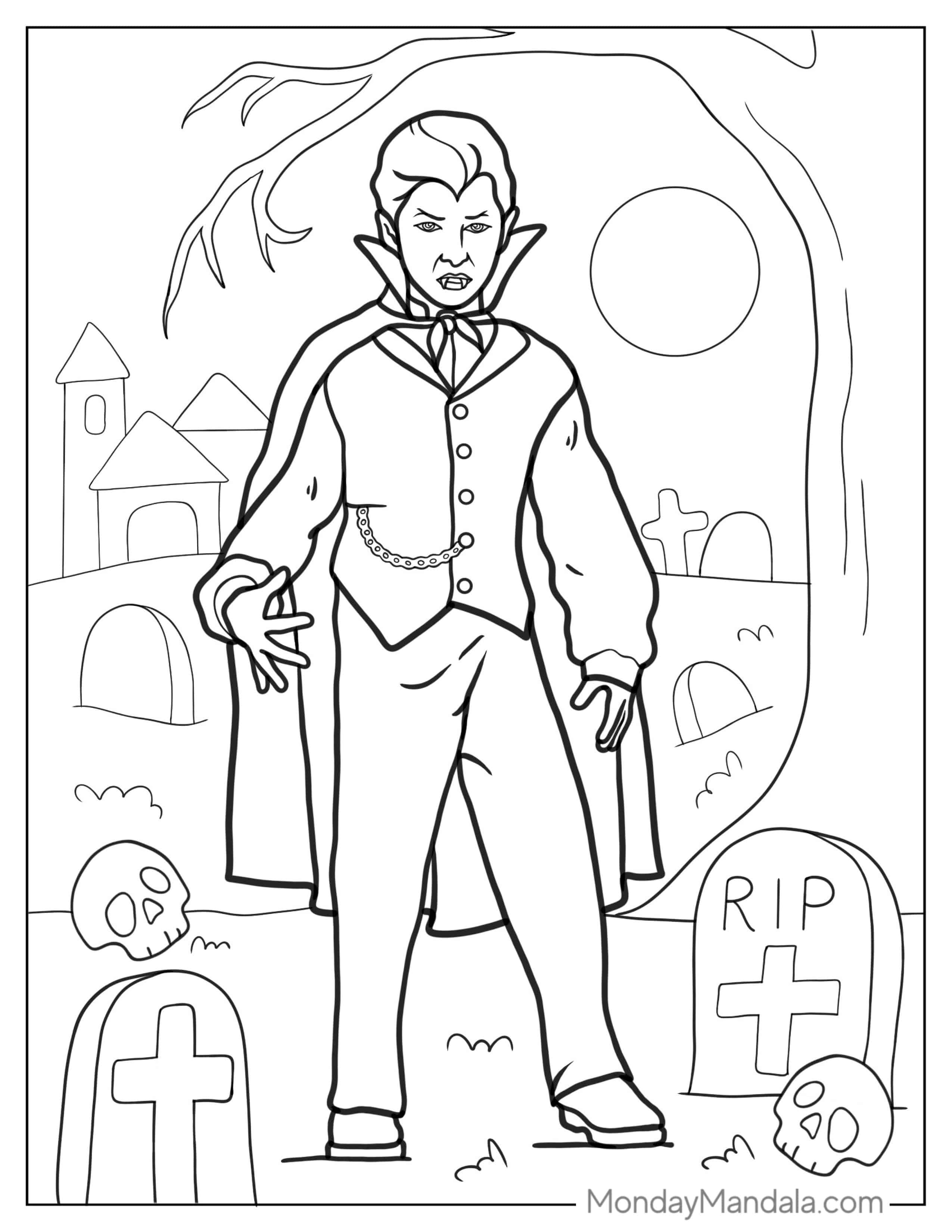 Creepy Vampire Walking In Graveyard coloring page
