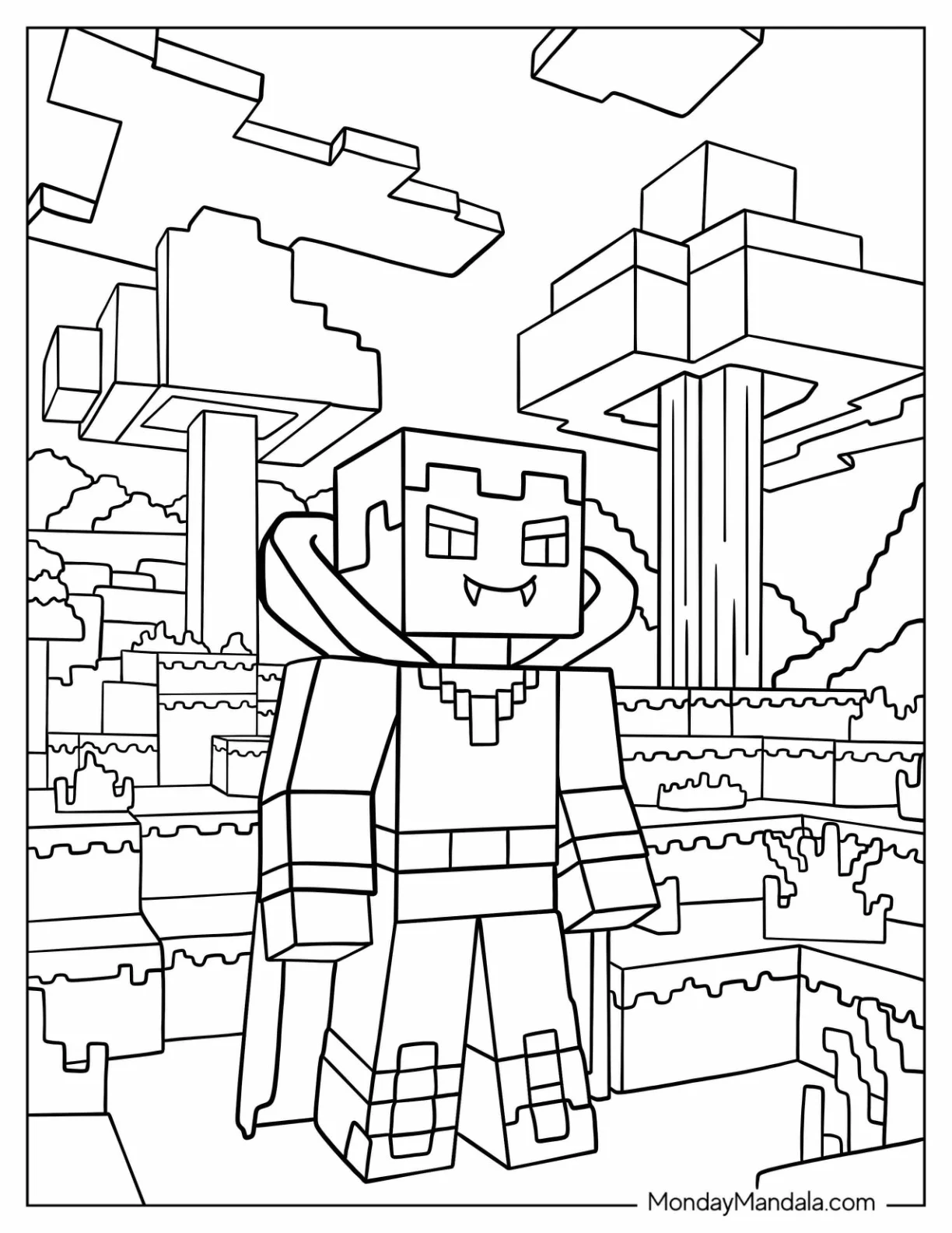 Cute Minecraft Vampire Coloring Page with Cape and Fangs For Kids coloring page — printable line art