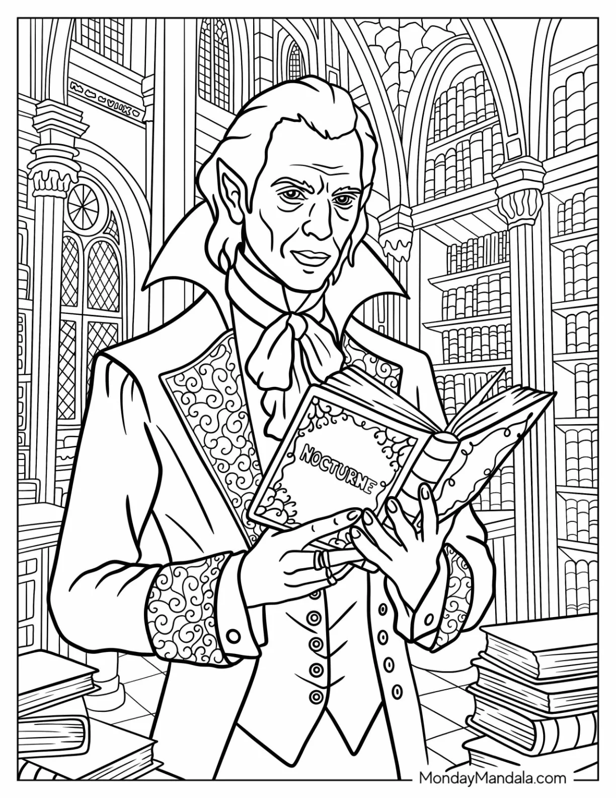 Detailed Classy Vampire Coloring Page Reading In The Library For Adults coloring page