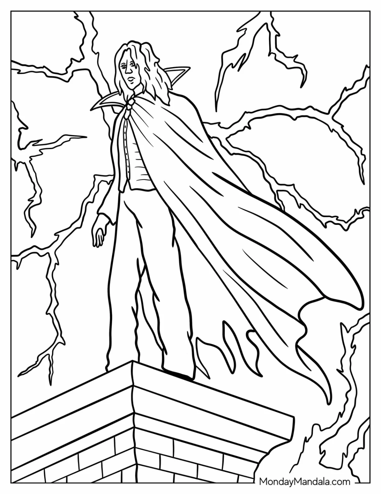 Dramatic Vampire Coloring Page Silhouette with Cape in a Storm coloring page — printable line art