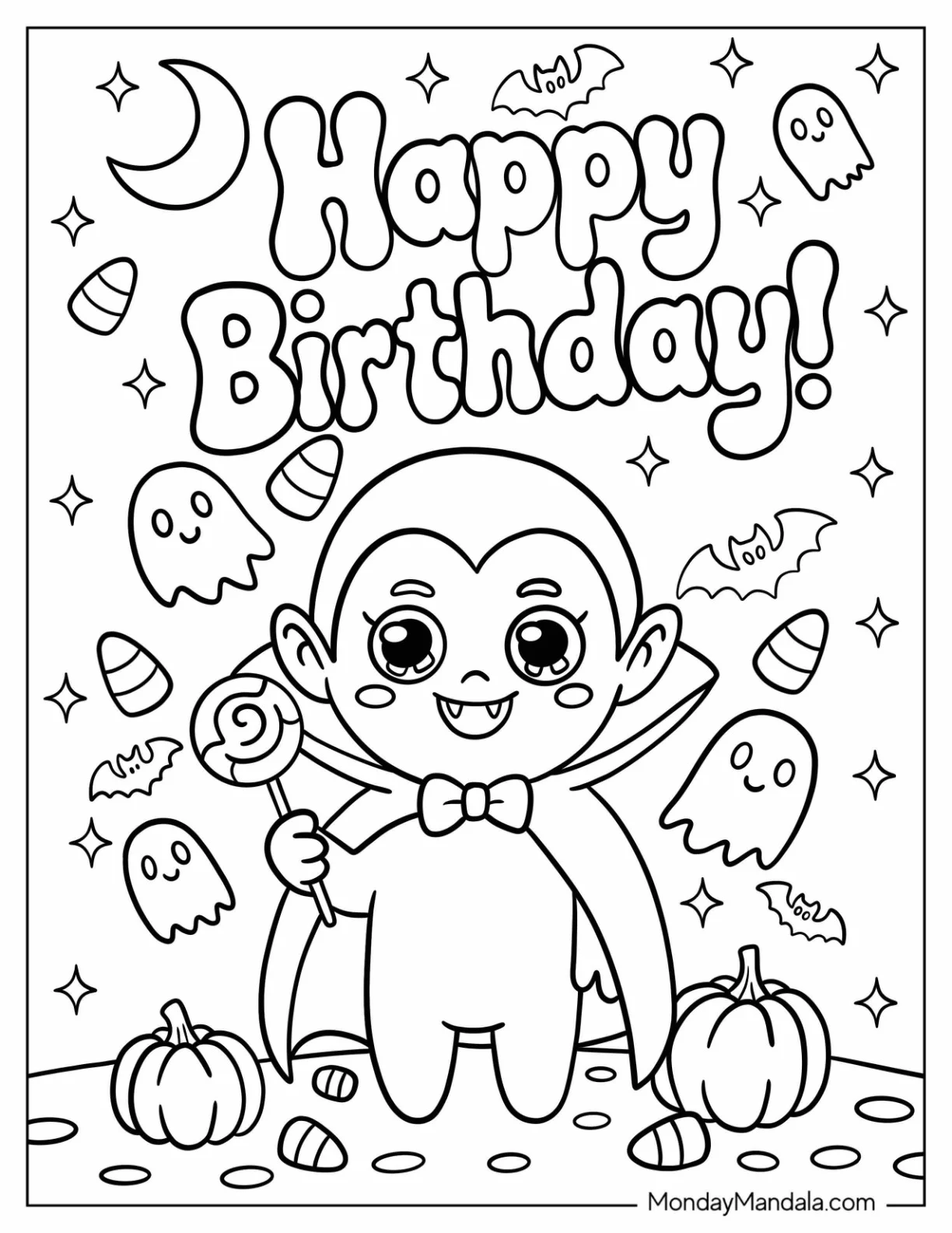 Happy Birthday With Vampire Coloring Page, Pumpkins, And Ghosts For Preschoolers coloring page