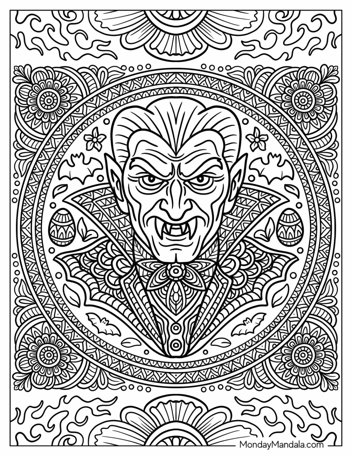 Intricate Vampire Coloring Page Mandala for Adults coloring page — printable line art