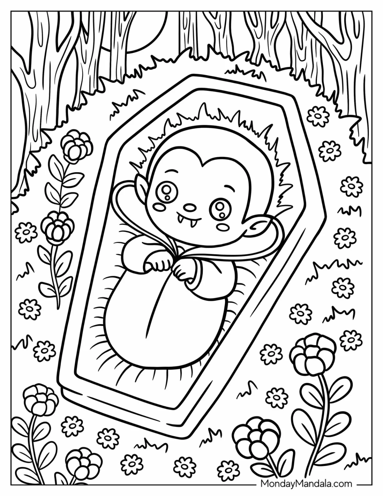 Kawaii Baby Vampire Coloring Page in a Coffin For Preschoolers coloring page