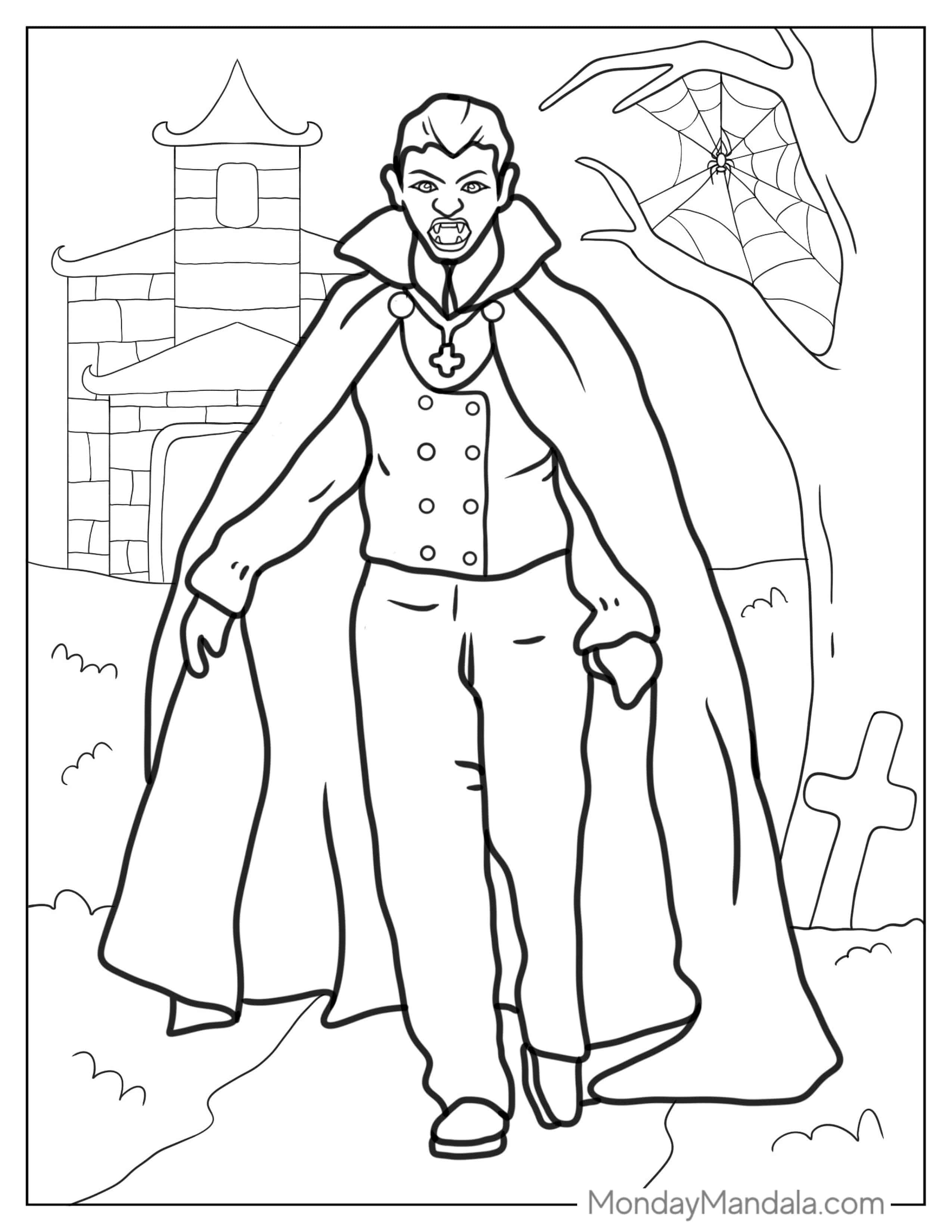 Nocturnal Vampire With Castle And Spider In Background coloring page