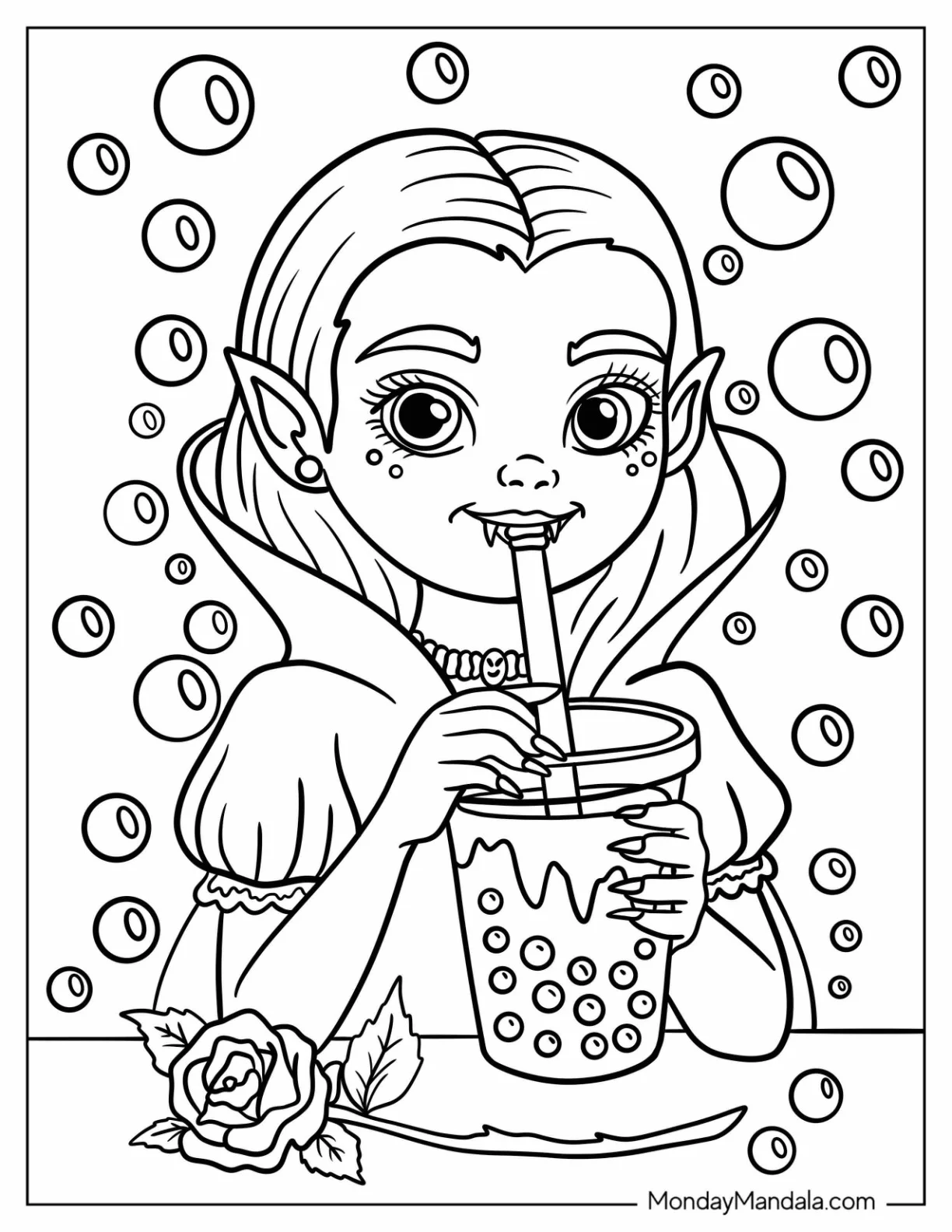 Pretty Vampire Coloring Page Girl Drinking Boba Tea coloring page