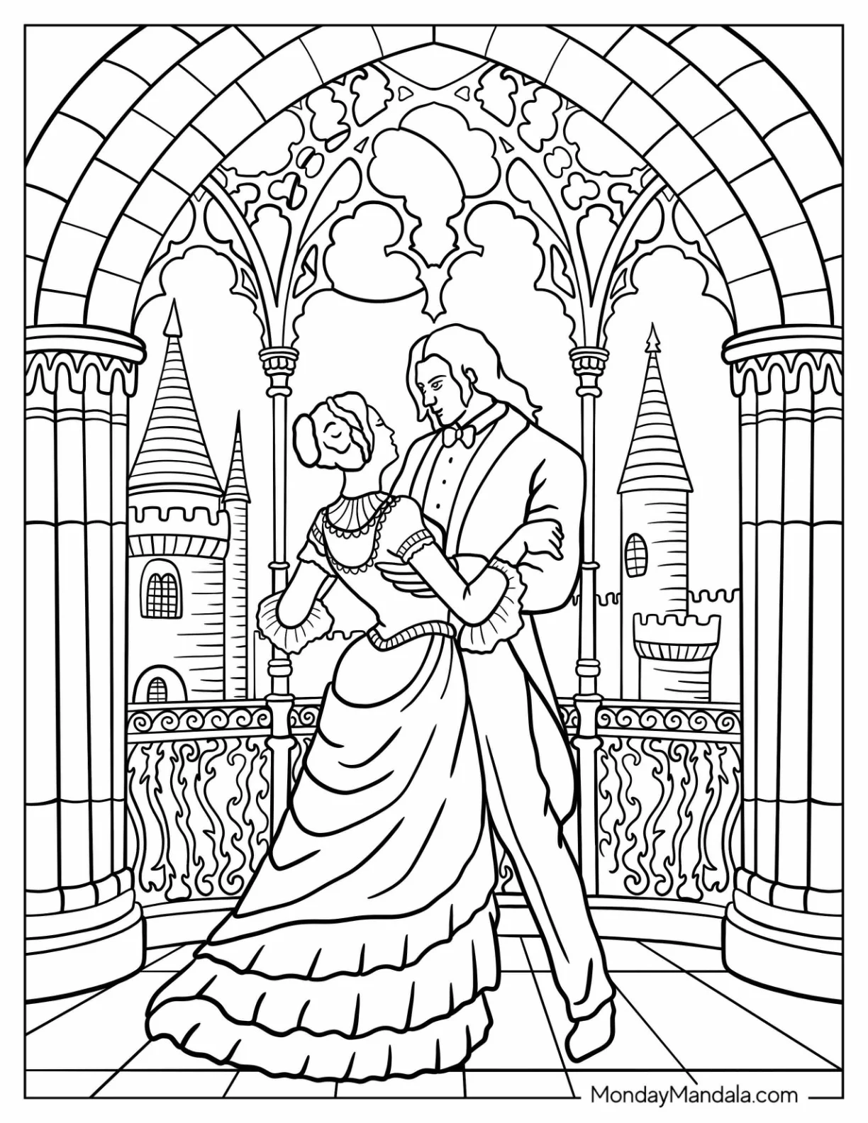 Romantic Vampire Coloring Page Couple in Gothic Castle coloring page