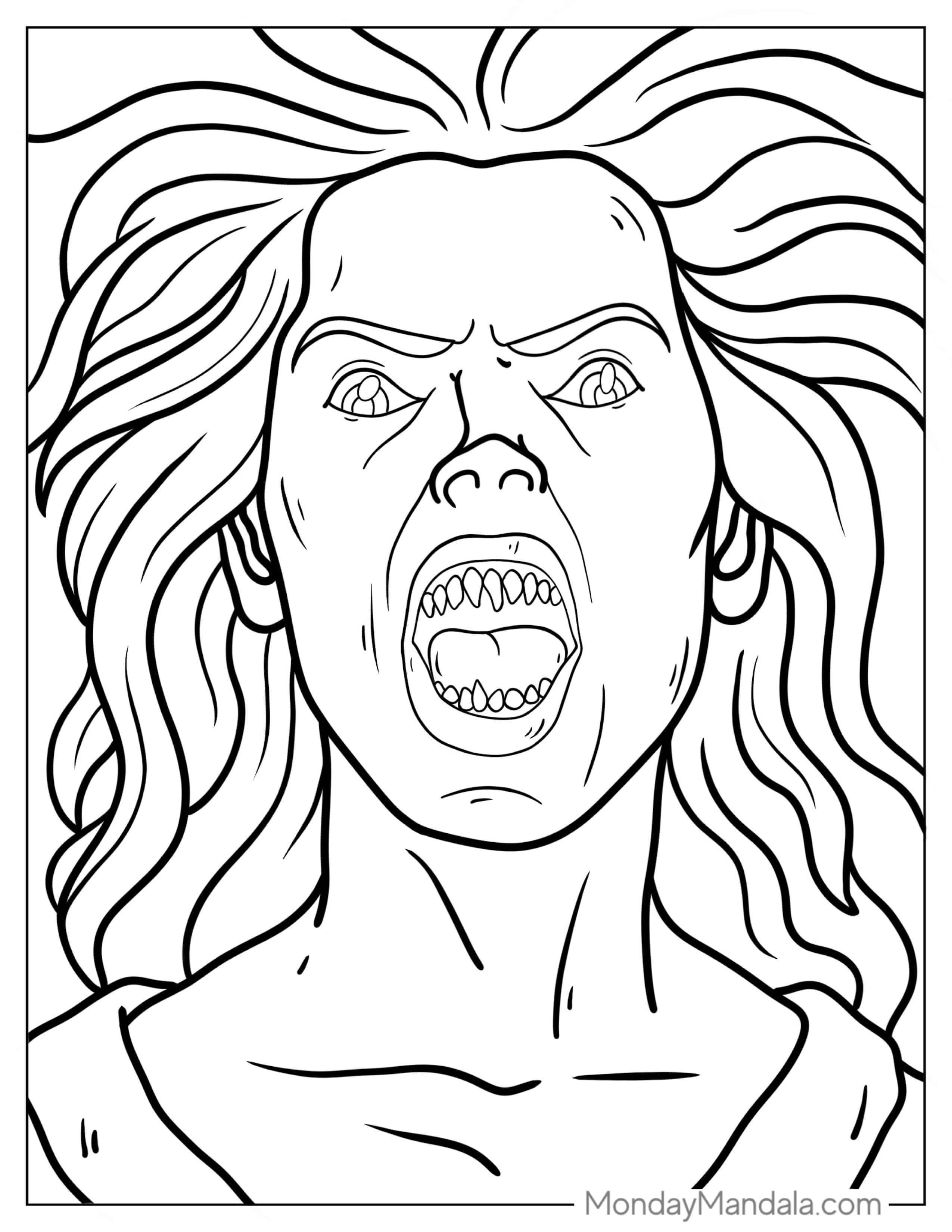 Scary Looking Lady Vampire With Sharp Fangs coloring page — printable line art