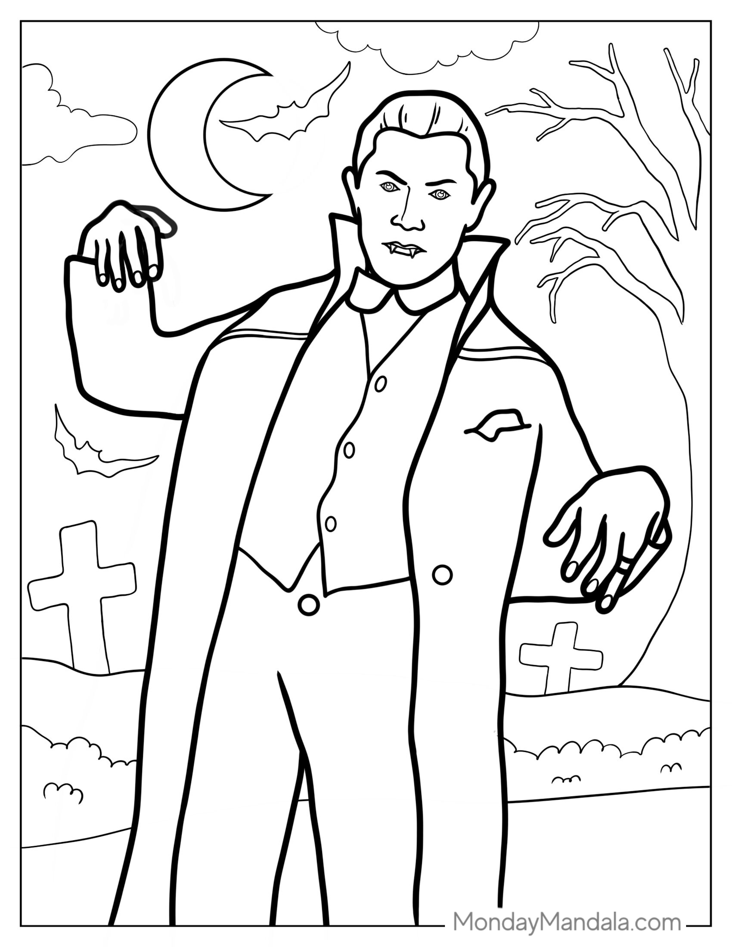 Spooky Vampire Walking Under Moonlight coloring page