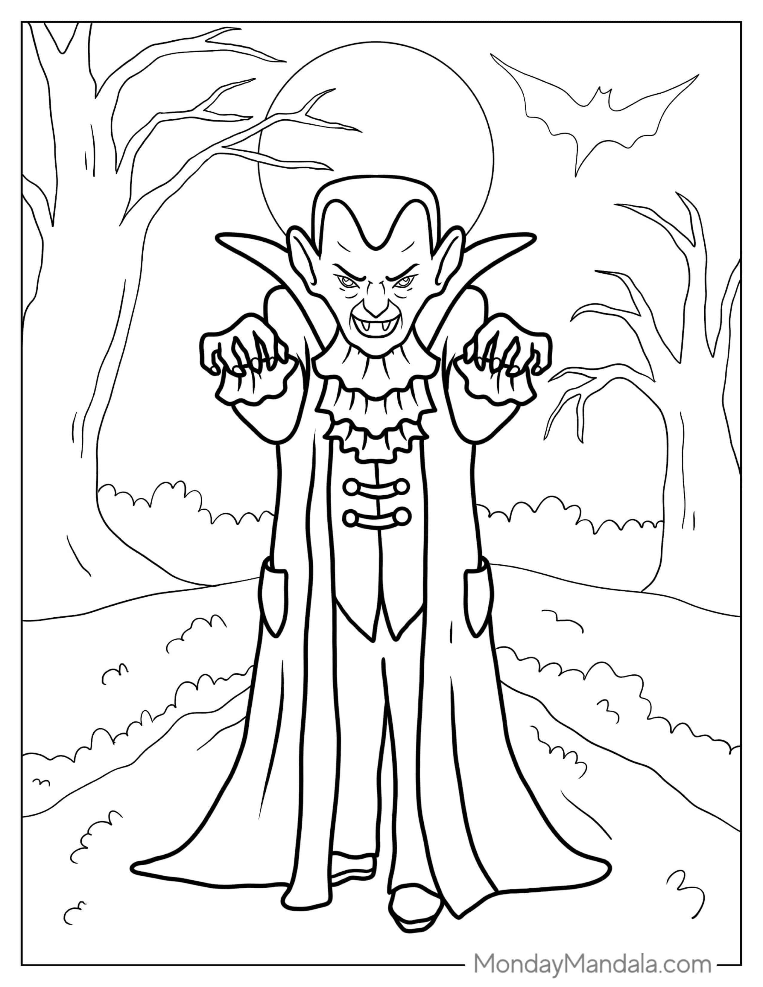 Undead Scary Looking Vampire In Graveyard coloring page — printable line art