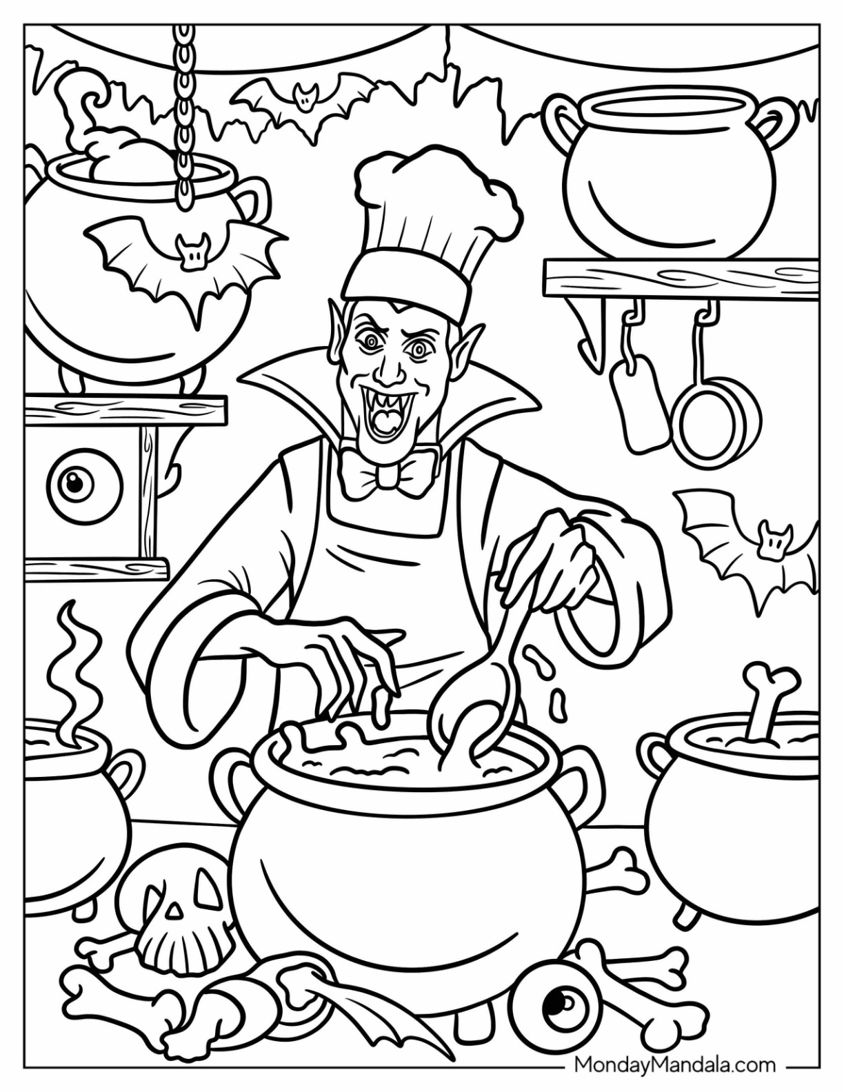 Vampire Coloring Page Chef Cooking a Creepy Stew in a Haunted Kitchen coloring page — printable line art
