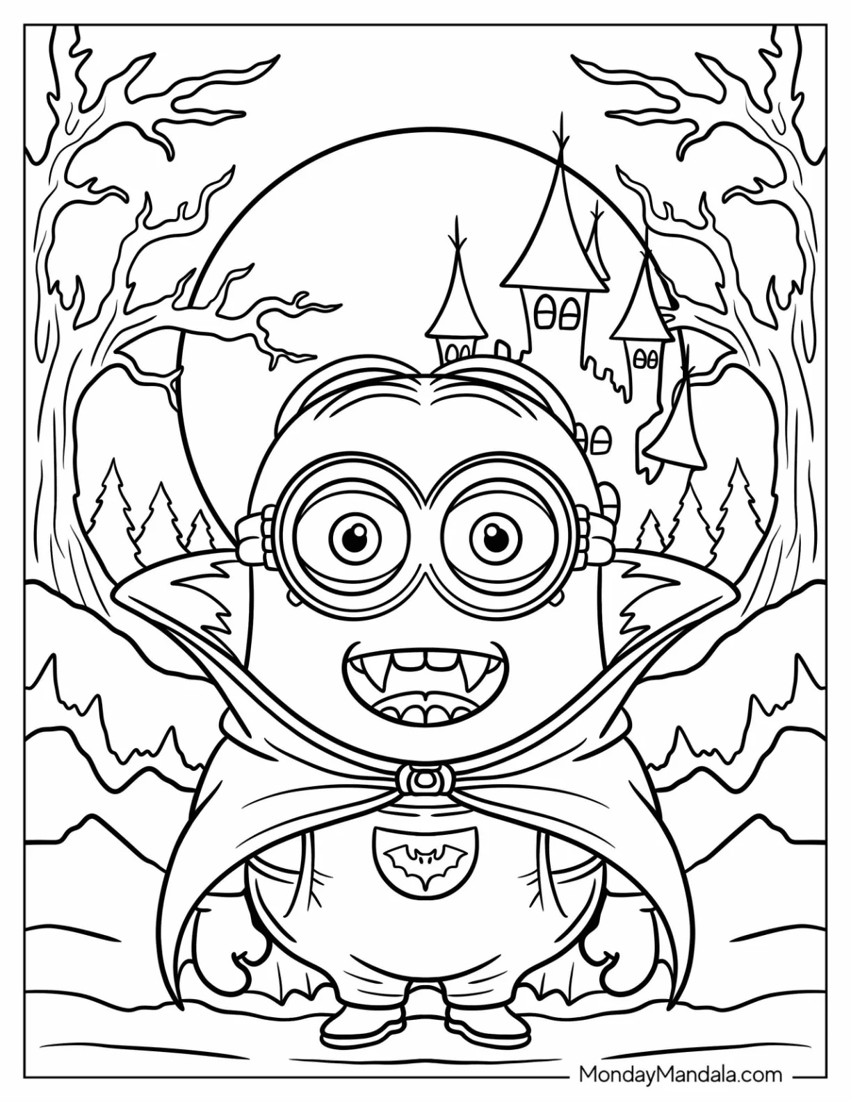 Vampire Coloring Page Minion With Cape In Haunted Forest coloring page — printable line art