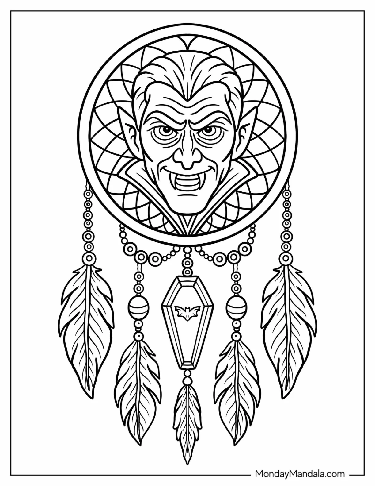 Vampire Coloring Page Of Dracula Dreamcatcher with Coffin and Bat Details coloring page