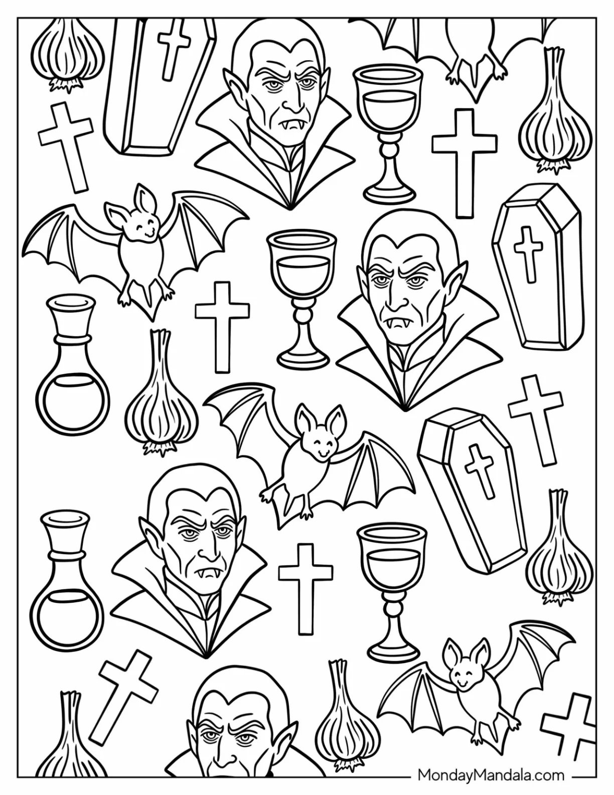 Vampire Coloring Page Of Dracula Pattern with Garlic, Bats, and Crosses coloring page