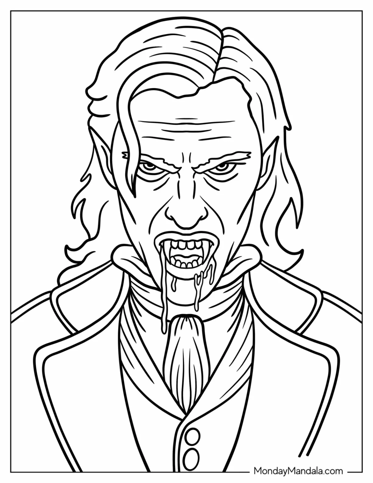 Vampire Coloring Page Of Realistic Dracula with Bloodied Mouth coloring page — printable line art