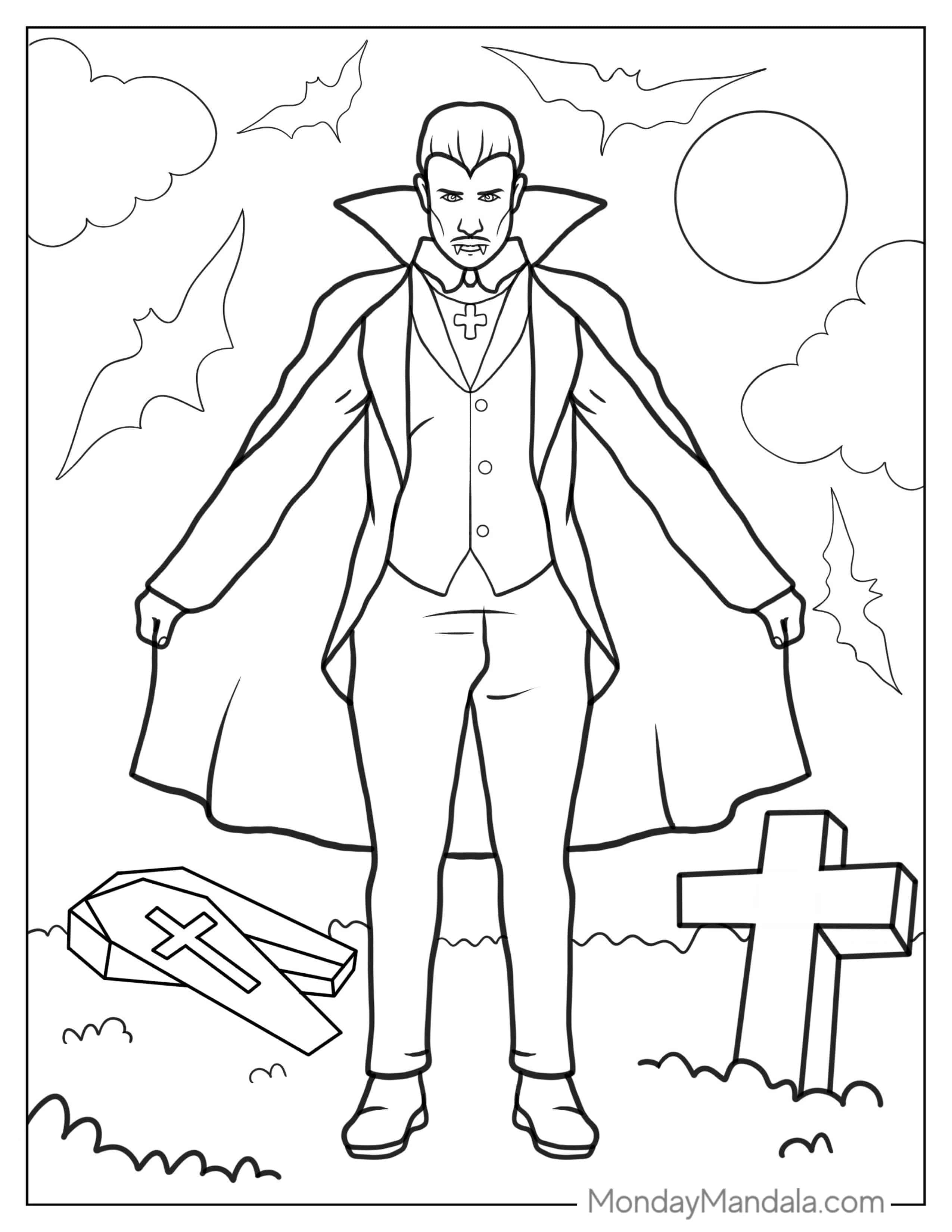 Vampire With Coffin And Bats In The Background coloring page