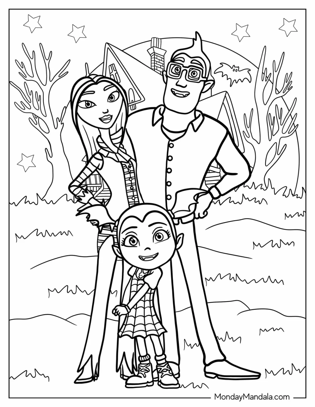Oxana, Boris, And Vampirina Coloring Page Hauntley In Front Of Scare B&B coloring page